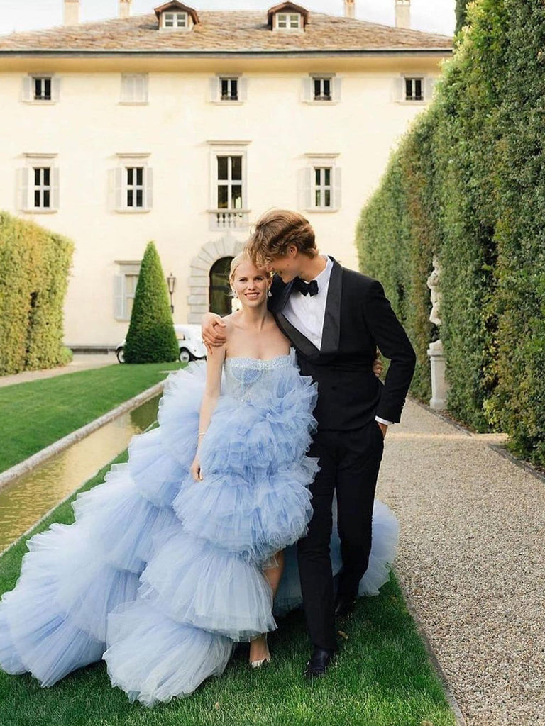 Light Blue Ball Gown Modest Long Sleeve Wedding Dress 66601 High Neck –  Viniodress